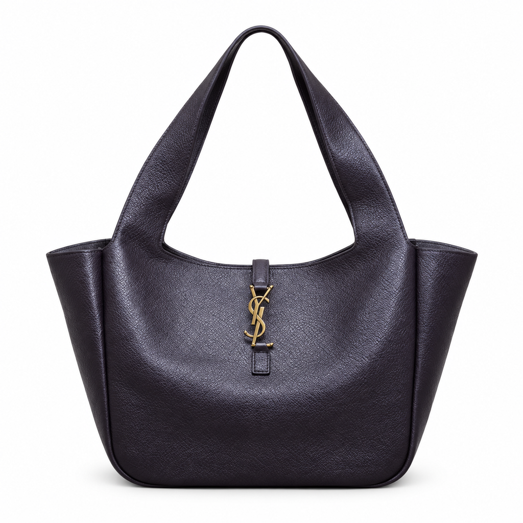YSL Le 5 à 7 Tote Bag Deep Plum Grained Leather Antique Gold Monogram Saint Laurent