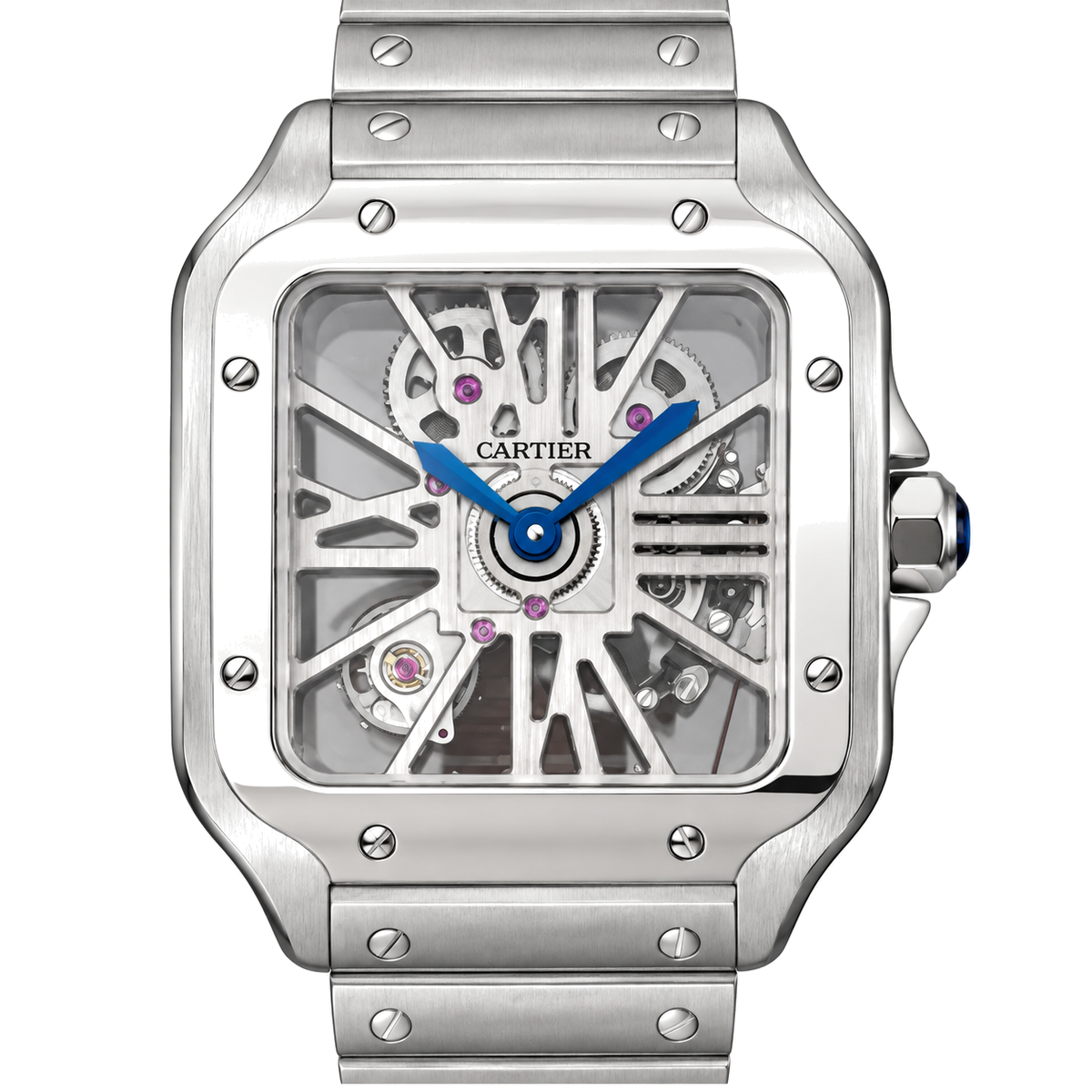 Cartier Santos de Cartier Skeleton Blue Hands Stainless Steel Bracelet Watch