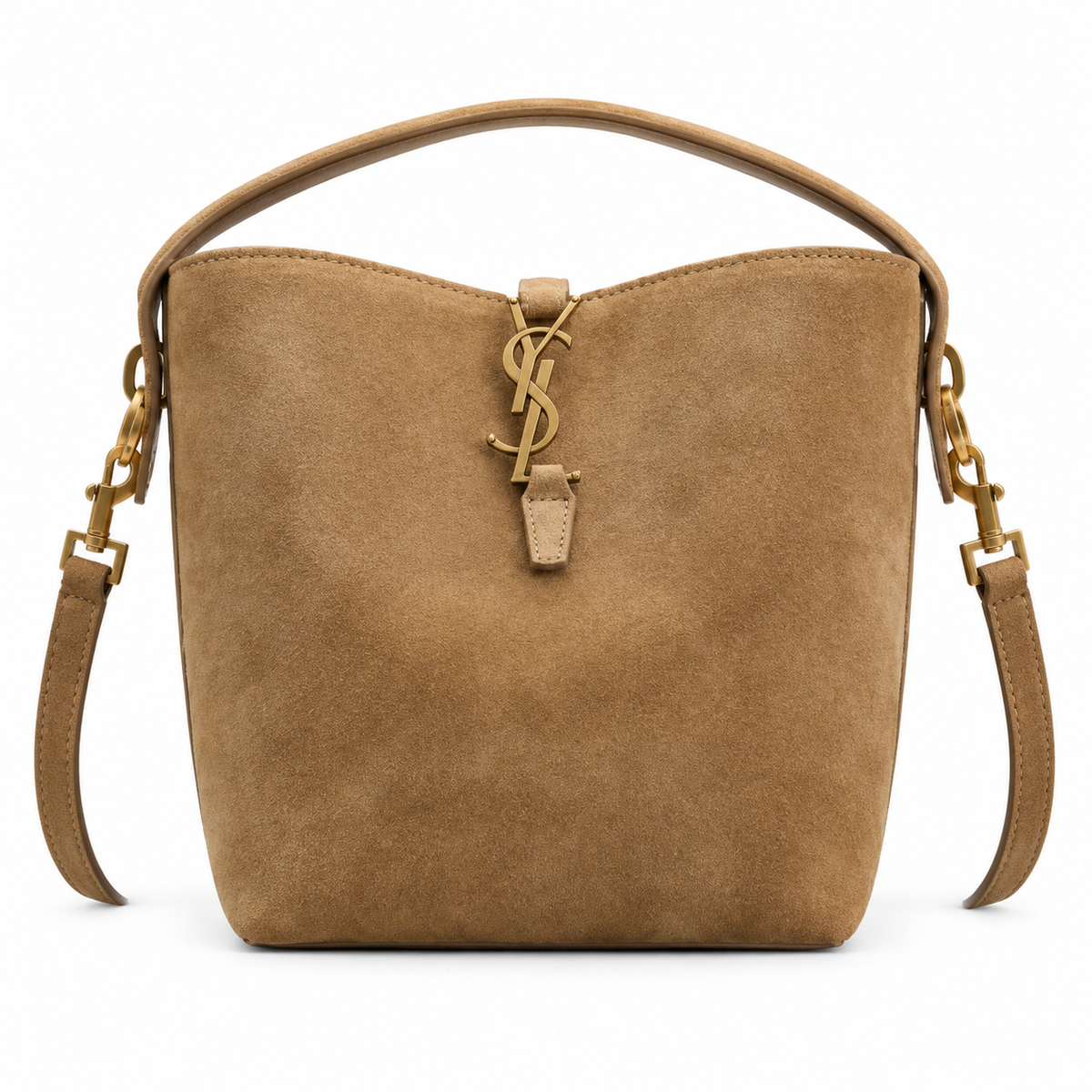 YSL Le 37 Bucket Bag in camel suede with gold YSL cassandre monogram charm, top loop handle and adjustable crossbody strap, front view