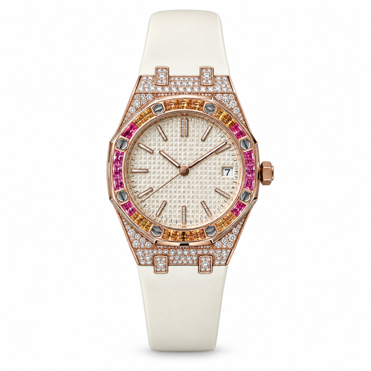 Audemars Piguet Royal Oak Automatic Ladies Rose Gold Diamond Pave Case Rainbow Orange Pink Sapphire Bezel White Tapisserie Dial White Rubber Strap