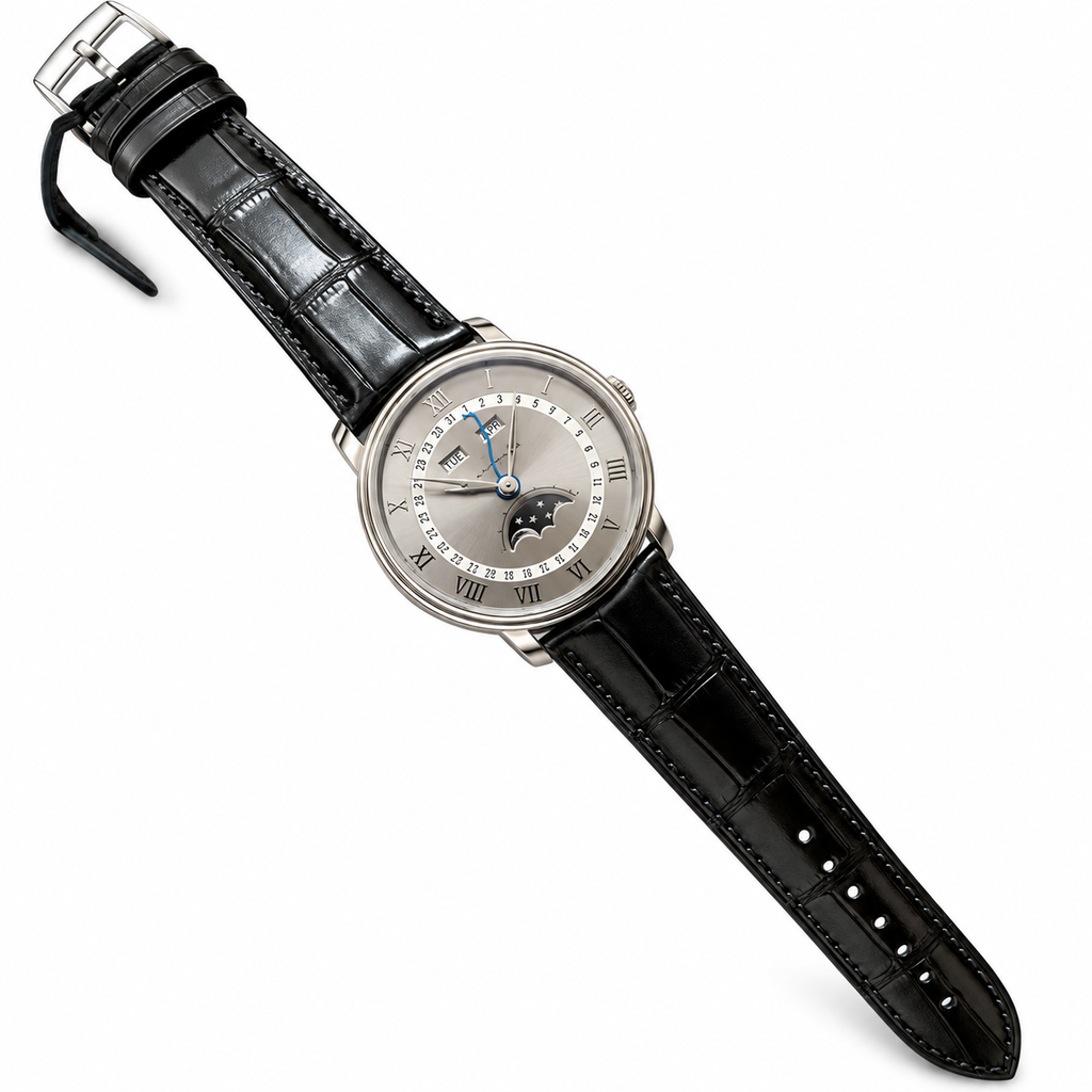 Blancpain Villeret Moonphase Full Calendar Steel Blue Hands Black Alligator Watch