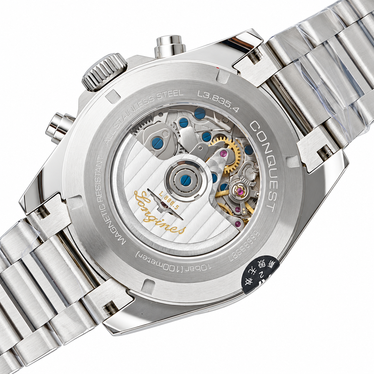 Longines Conquest Automatic Chronograph White Dial Green Bezel Steel Bracelet