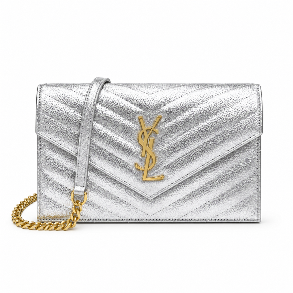 YSL Saint Laurent Envelope Chain Wallet Silver Matelasse Chevron Leather Gold YSL Monogram Gold Chain Strap