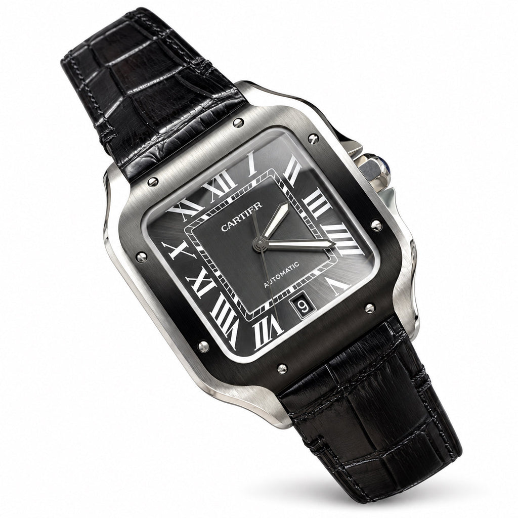 Cartier Santos Large — Steel & Black ADLC, Black Dial, Roman Numerals, Date & Black Alligator Strap, Automatic