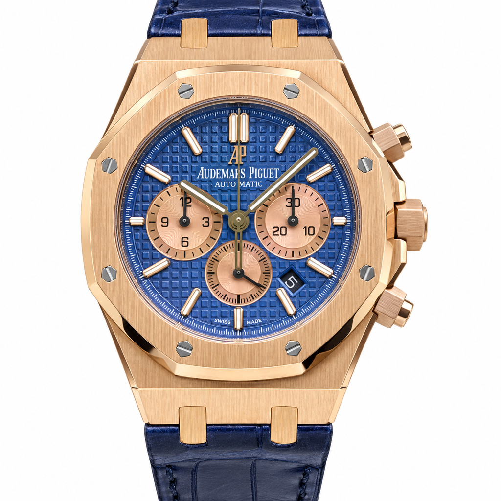 Audemars Piguet Royal Oak Chronograph Rose Gold Blue Petite Tapisserie Dial Navy Alligator Leather Strap