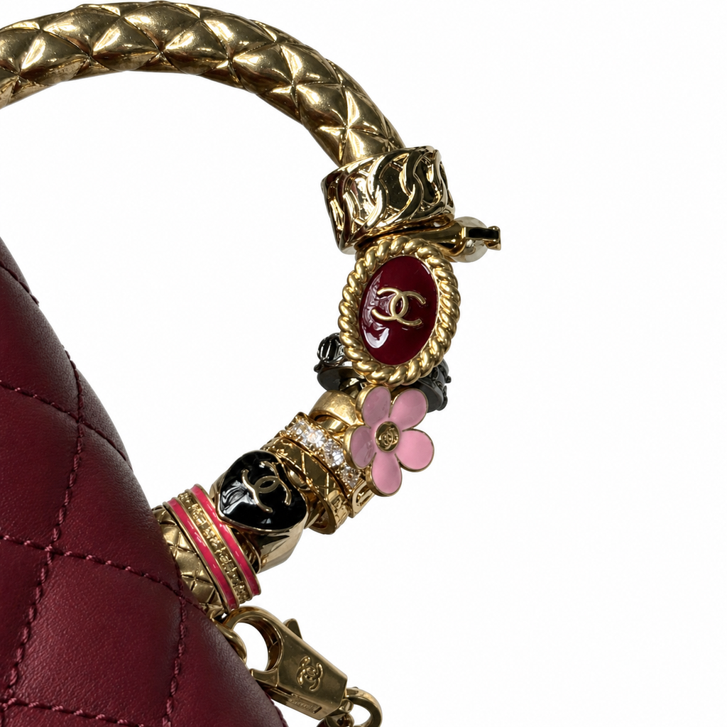 Chanel Burgundy Quilted Lambskin Mini Flap Charm Top Handle Antique Gold
