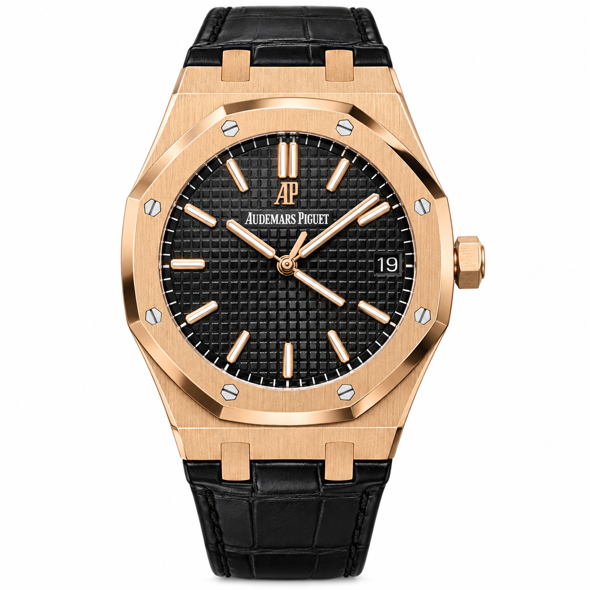 Audemars Piguet Royal Oak Automatic Date Rose Gold Black Leather