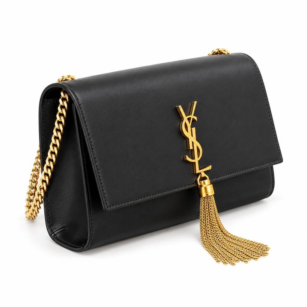 YSL Saint Laurent Kate Chain Bag in Black Smooth Leather with Gold Tassel