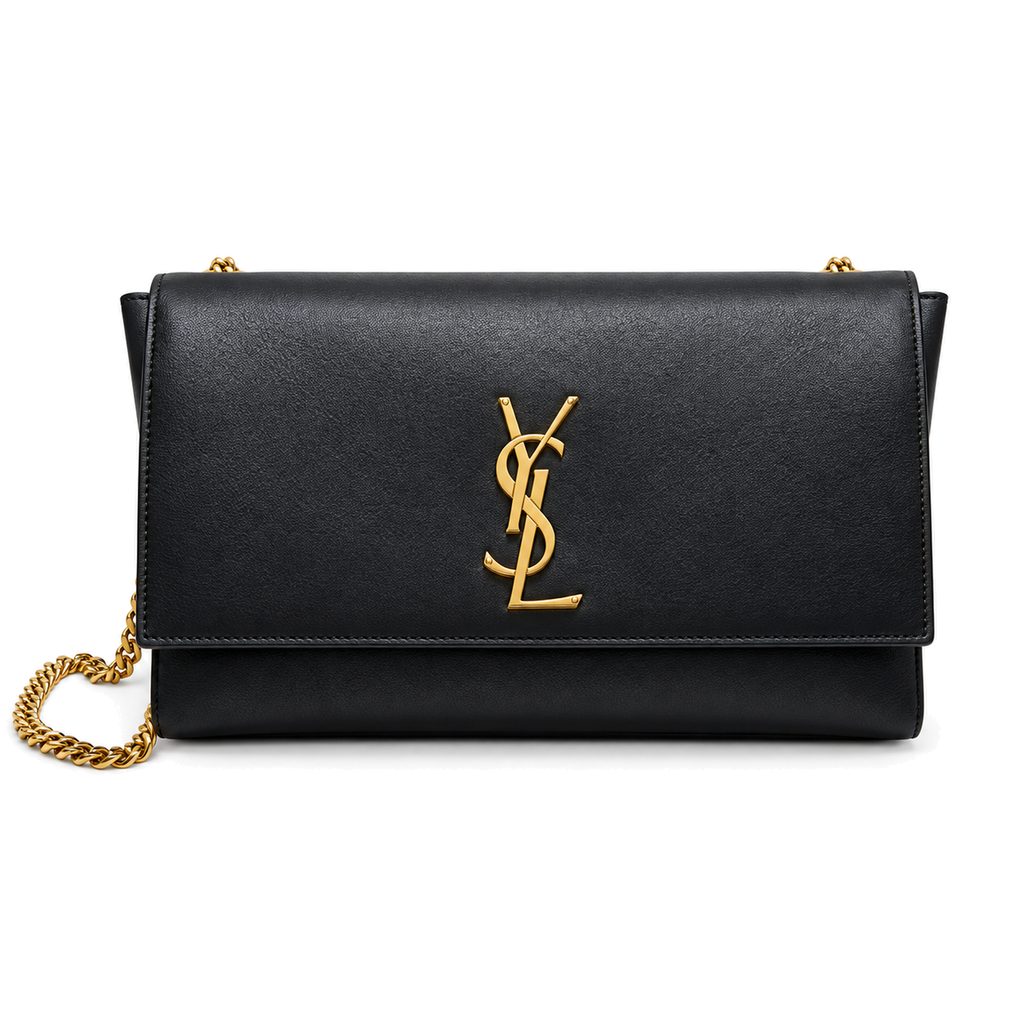 Saint Laurent YSL Kate Large chain crossbody bag in black smooth calfskin leather with oversized antique gold YSL monogram and gold curb chain strap