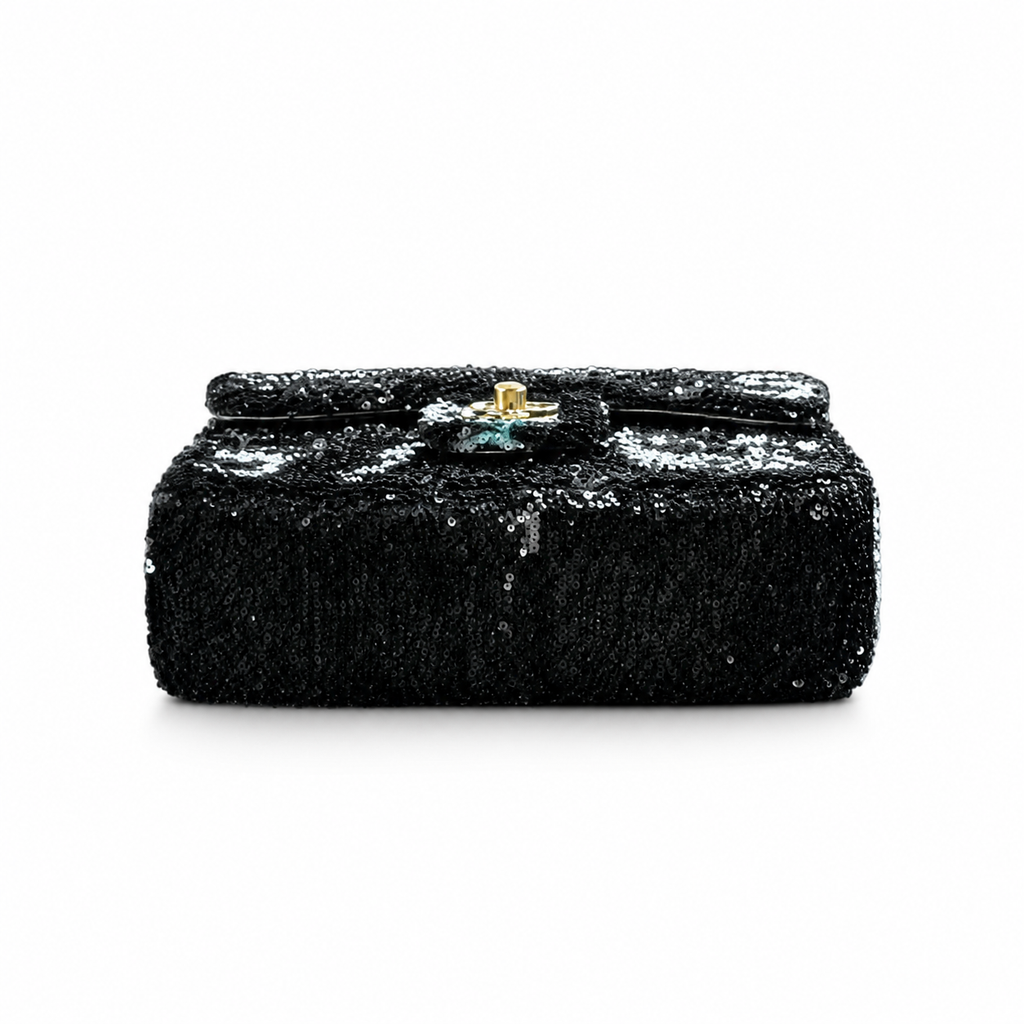 Chanel Black & Silver Sequin Mini Flap Bag | Camellia & Teal Gemstone CC — 21cm