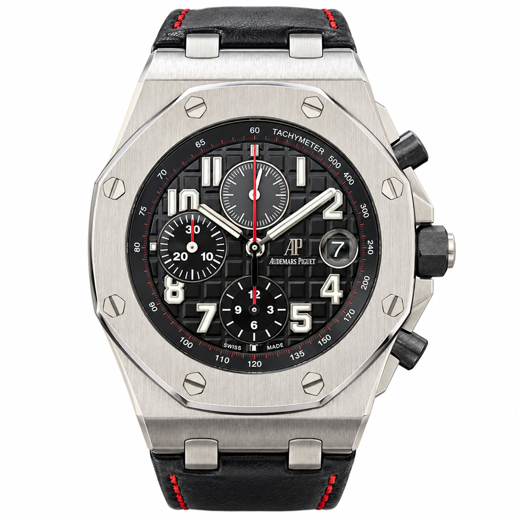 Audemars Piguet Royal Oak Offshore Chronograph Black Mega Tapisserie Dial Red Seconds Hand Leather Strap