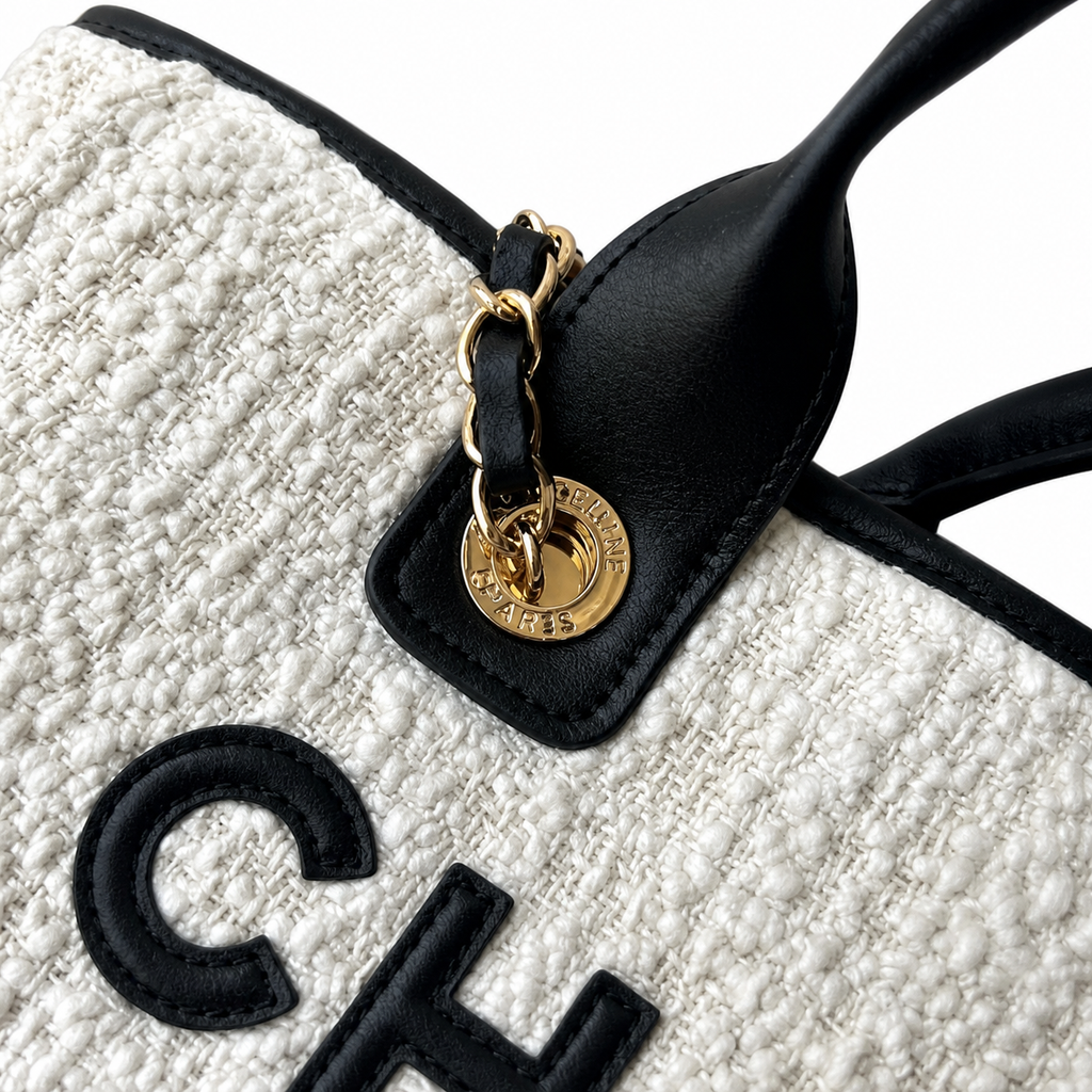 Chanel Deauville Medium Tweed Tote Ivory Black Gold Hardware