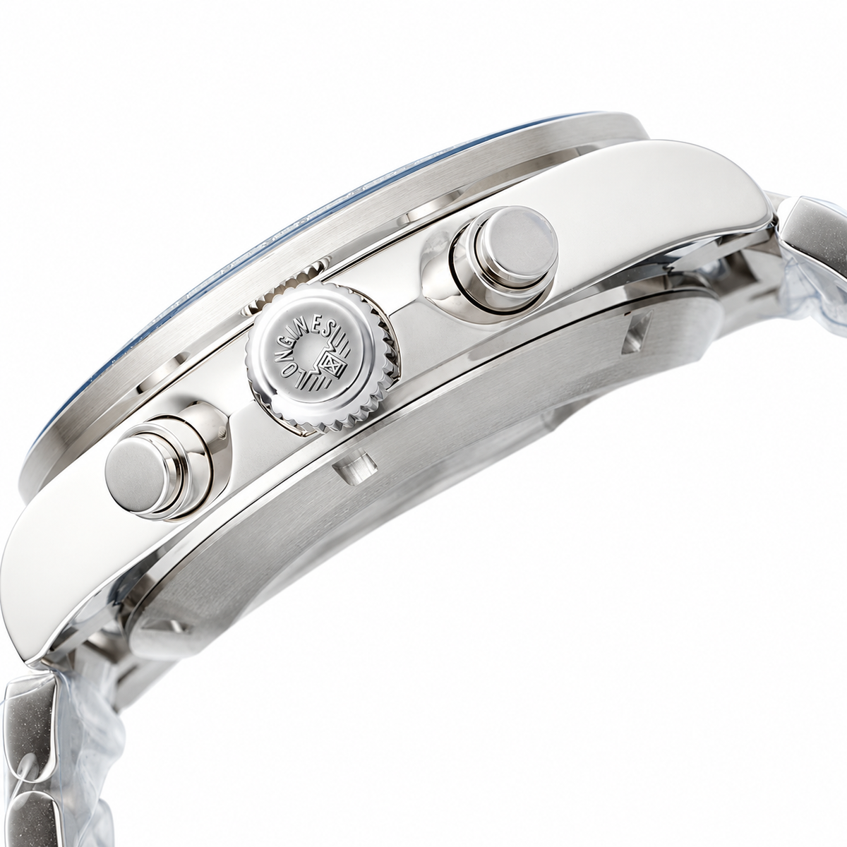 Longines Conquest Automatic Chronograph White Dial Blue Bezel Steel Bracelet