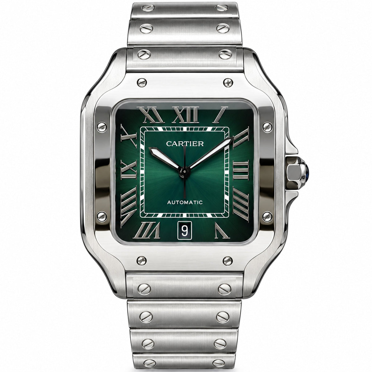 Cartier Santos Large — Steel, Green Dial, Roman Numerals, Date & Steel Bracelet, Automatic