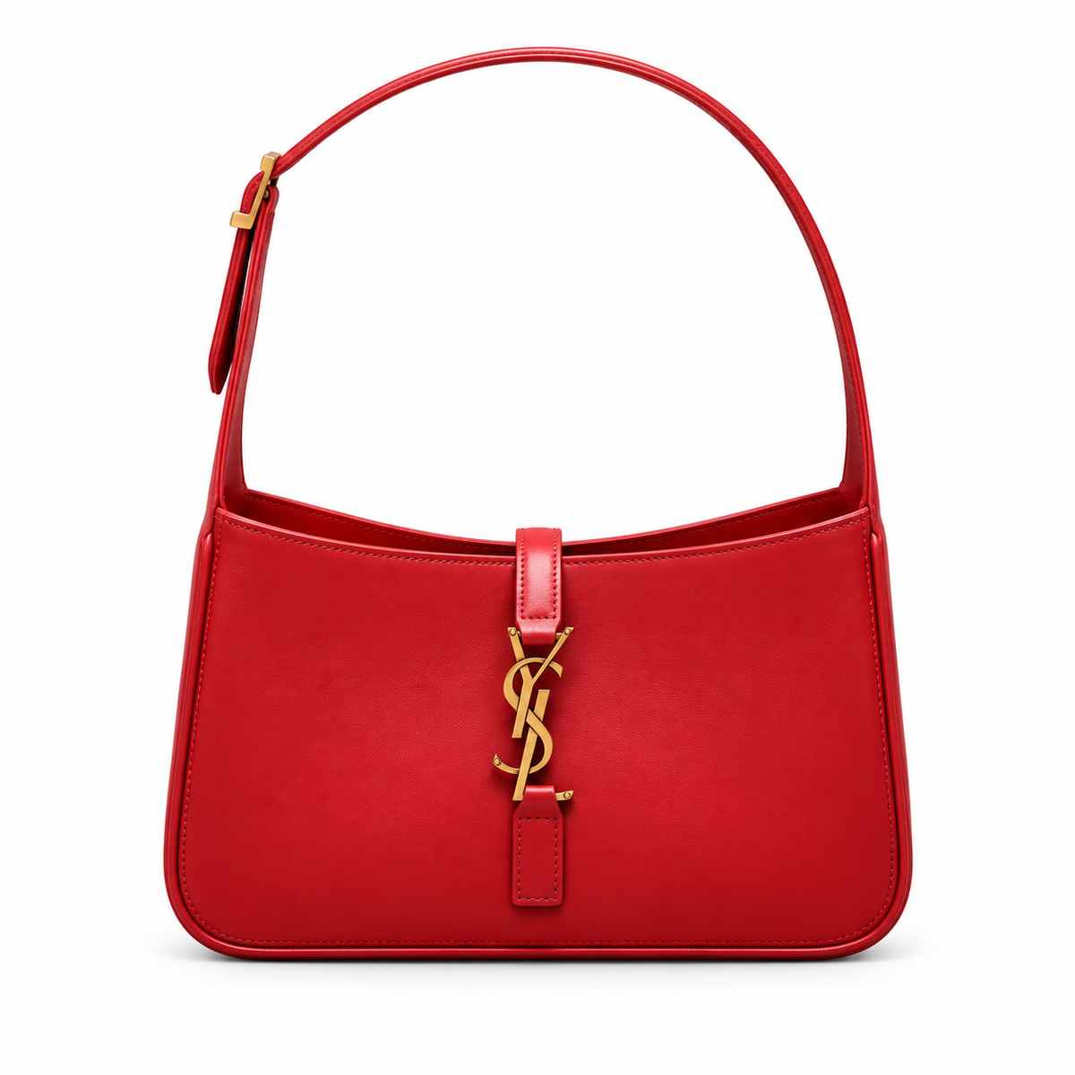 YSL Saint Laurent Le 5 À 7 Hobo Bag Red Smooth Leather Gold YSL Monogram Charm Adjustable Shoulder Strap