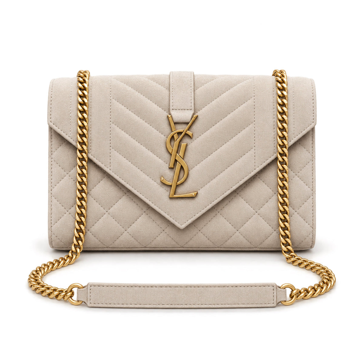Saint Laurent YSL Envelope small chain crossbody bag in cream off-white chevron quilted suede with oversized gold YSL monogram and gold curb chain strap with leather shoulder pad