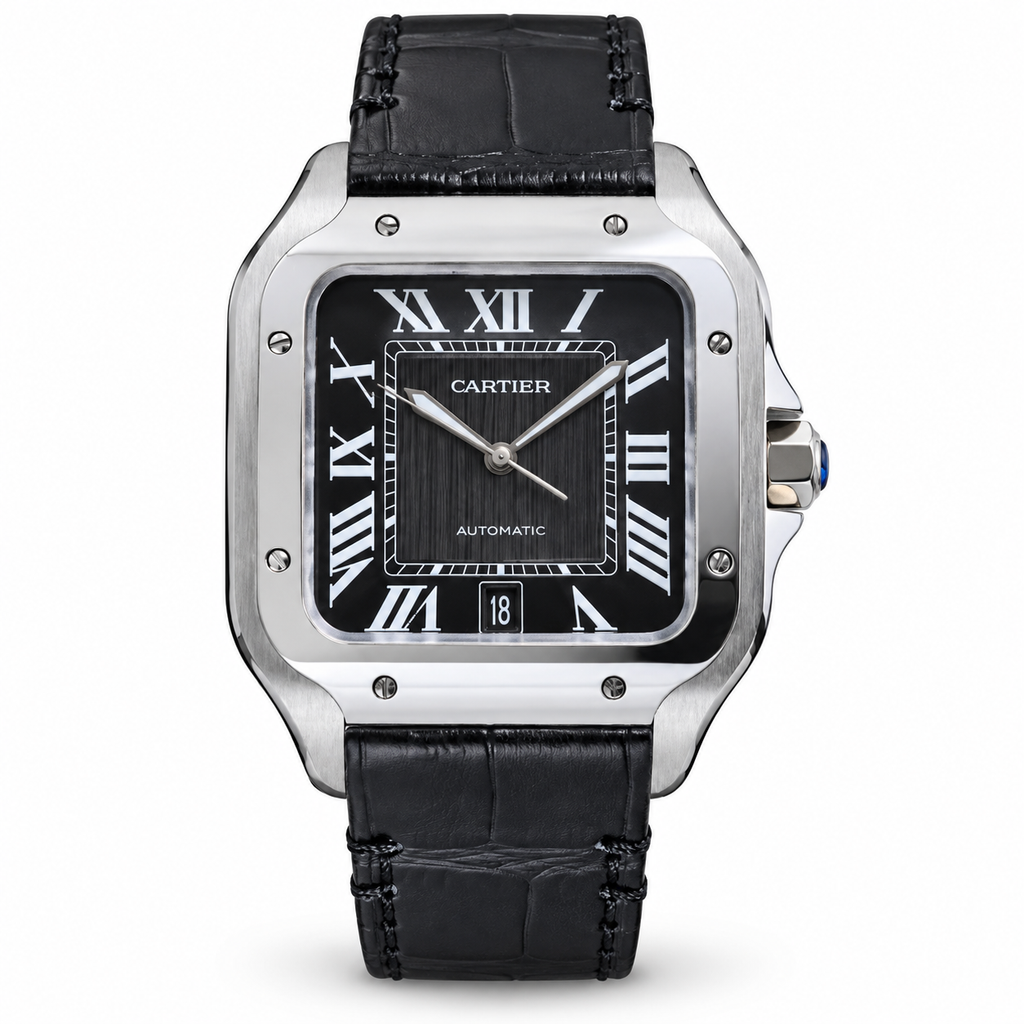 Cartier Santos Automatic Black Dial Alligator Leather Luxury Watch Swiss Made
