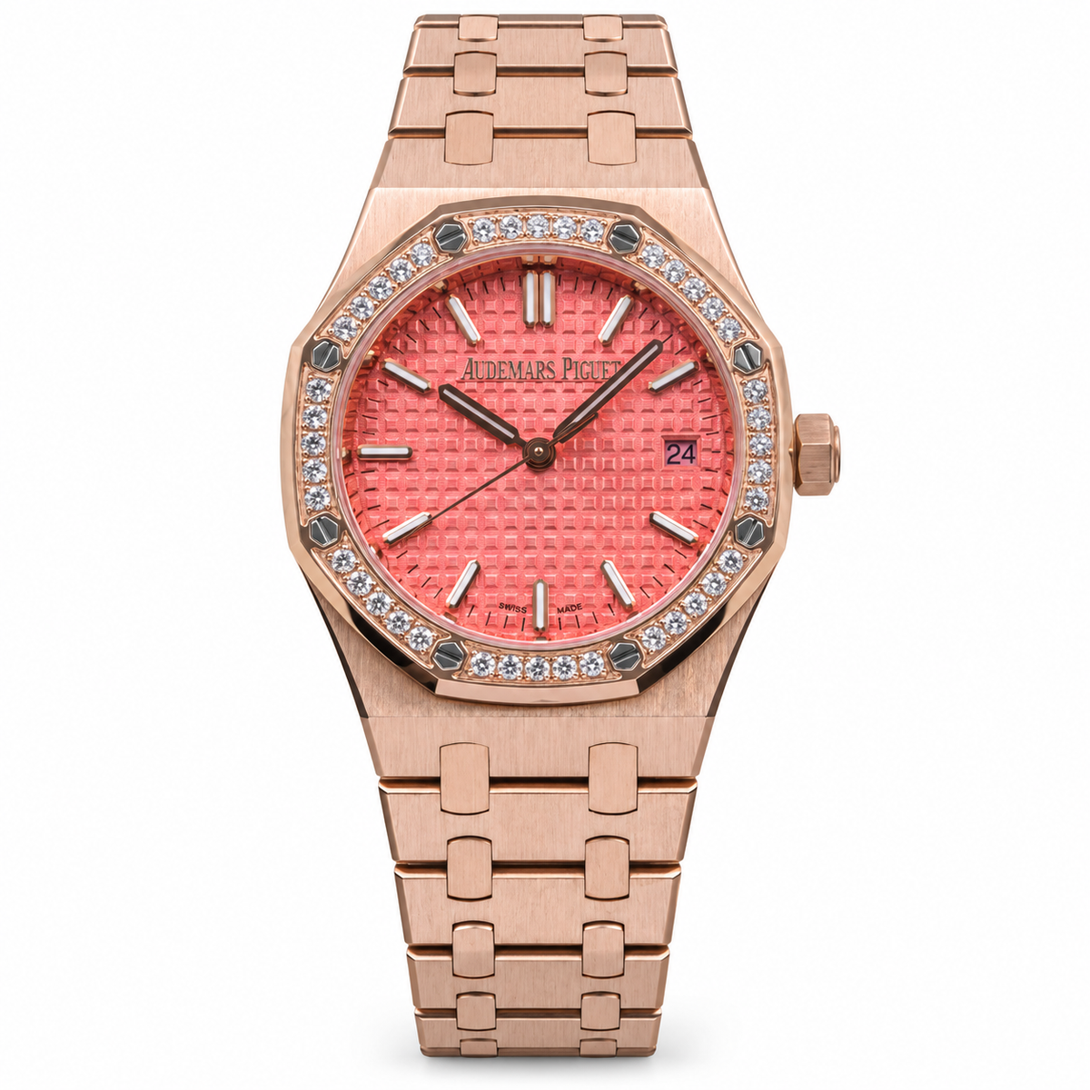 Audemars Piguet Royal Oak Automatic Rose Gold Diamond Bezel Coral Pink