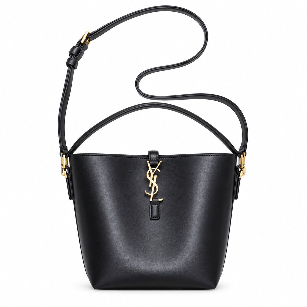 YSL Le 37 Bucket Bag in black smooth leather with gold YSL cassandre monogram charm, top loop handle and long adjustable crossbody strap, front view