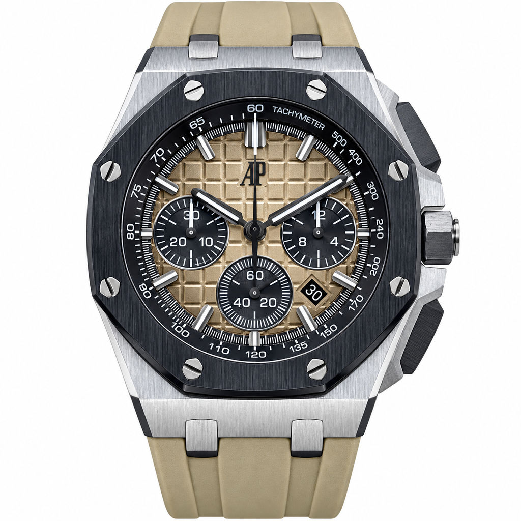 Audemars Piguet Royal Oak Offshore Chronograph Stainless Steel Black Ceramic Bezel Khaki Sand Mega Tapisserie Dial Khaki Rubber Strap