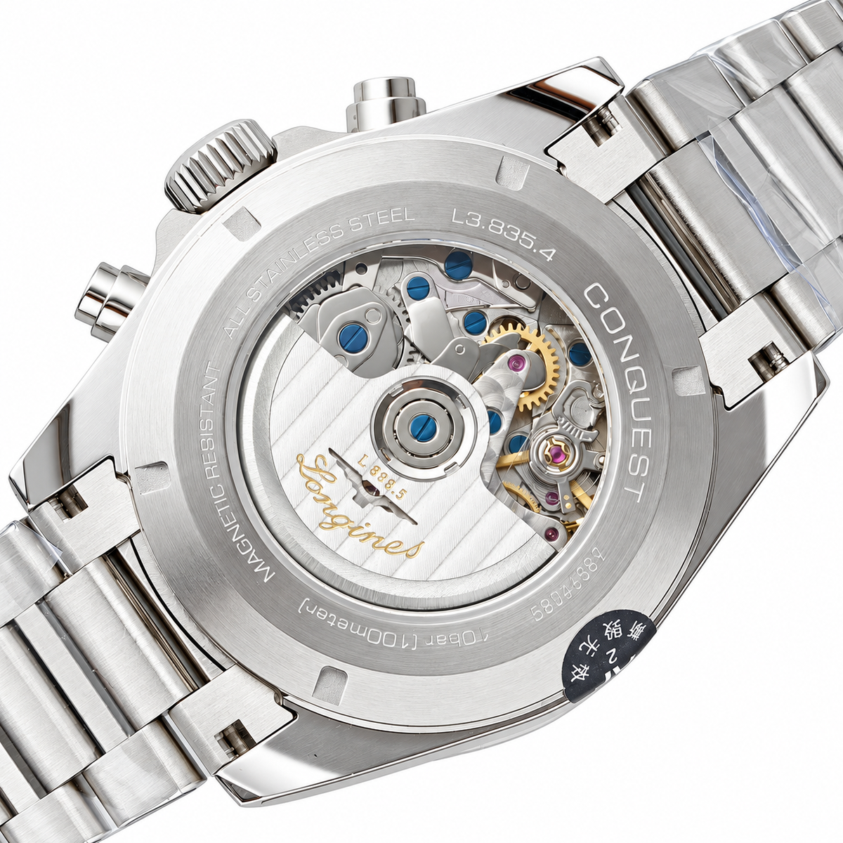 Longines Conquest Automatic Chronograph White Dial Blue Bezel Steel Bracelet