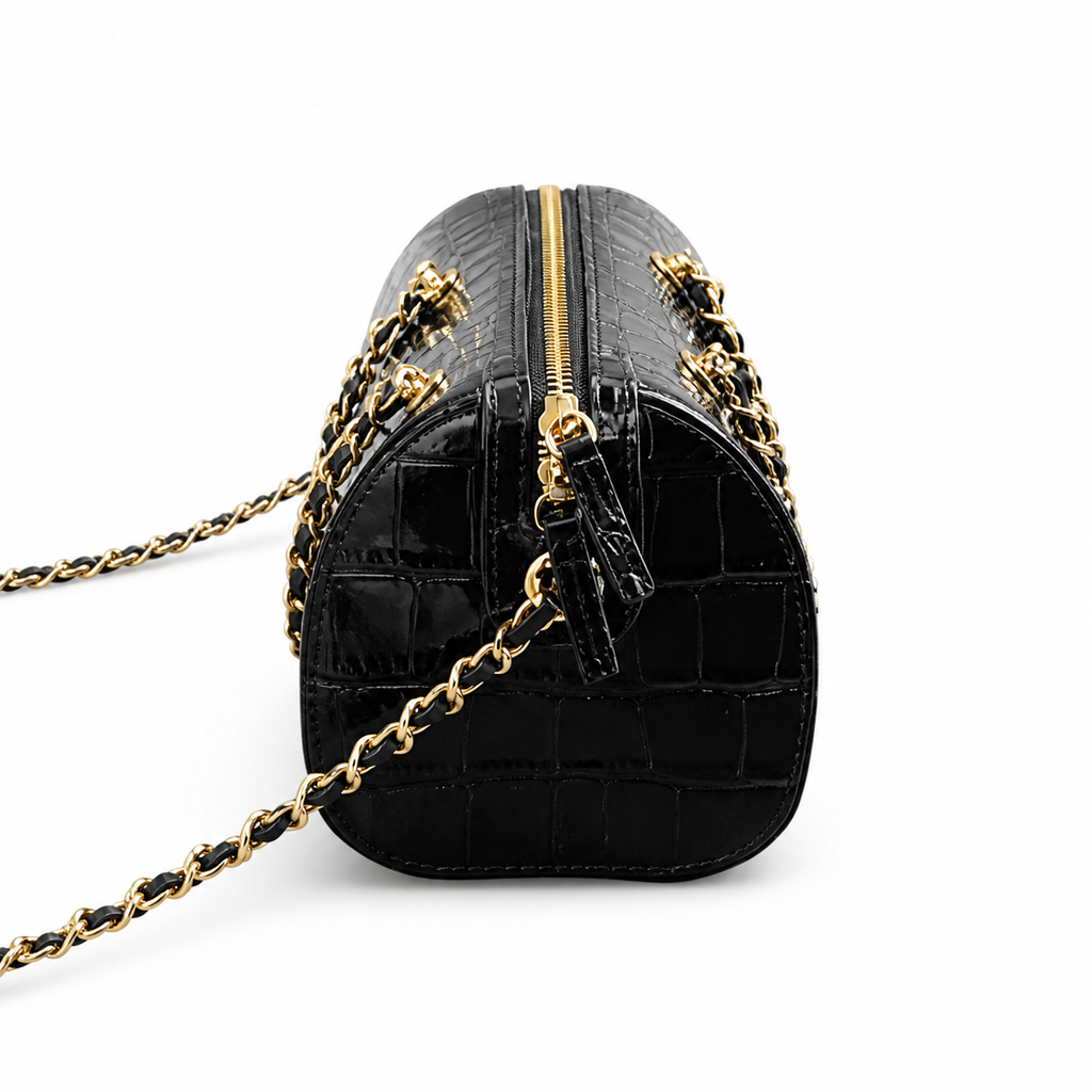 Chanel Deauville Croc-Embossed Black Zip Chain Bag