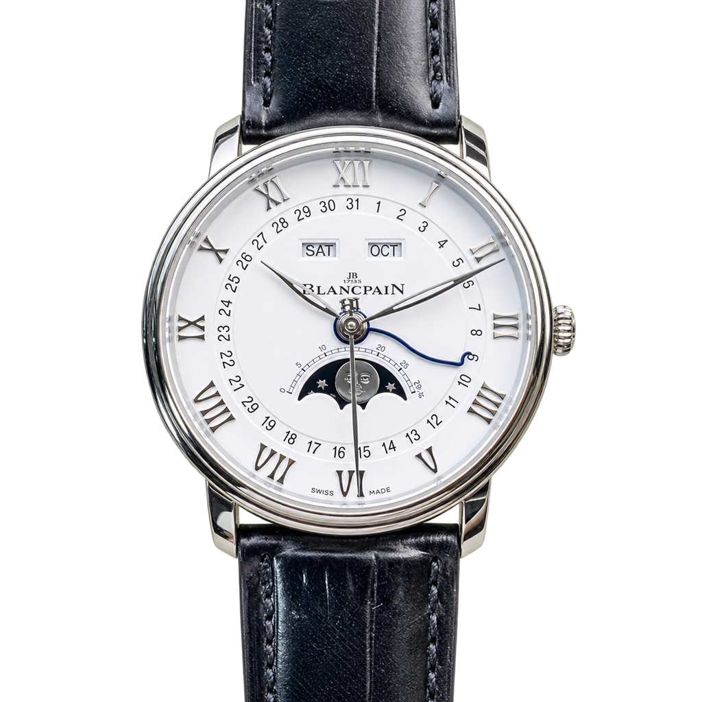 Blancpain Villeret Quantieme Complet steel white dial blued hands moonphase complete calendar navy alligator strap