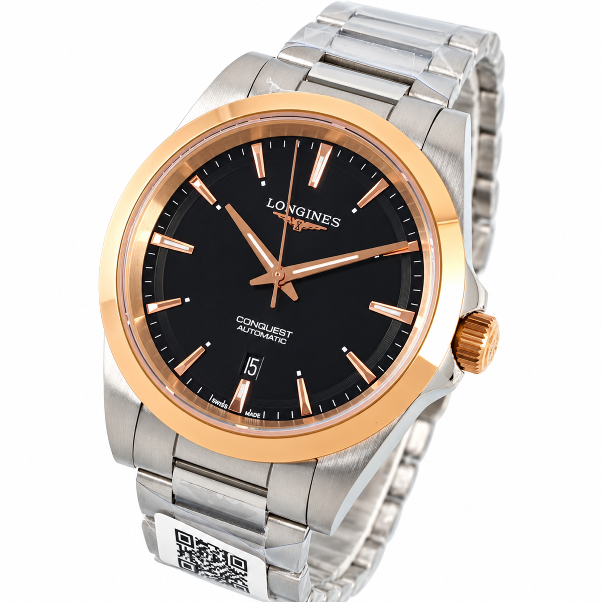 Longines Conquest Automatic Black Dial Rose Gold Bezel Two-Tone