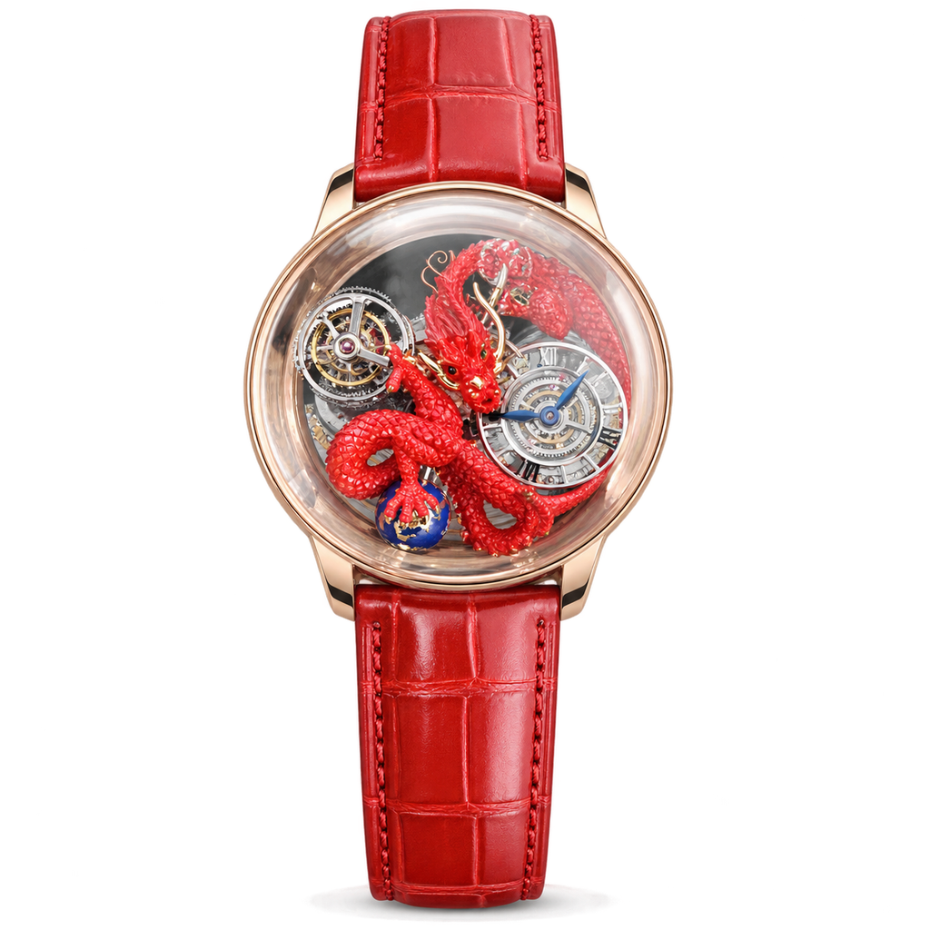 Jacob & Co. Astronomia Art 18K Rose Gold Hand-Sculpted Red Lacquered 3D Dragon Flying Tourbillon Blue Enamel Orb Roman Numeral Subdial Red Alligator Leather Watch
