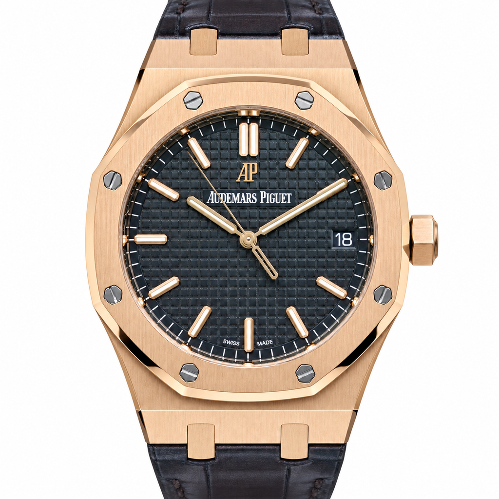 Audemars Piguet Royal Oak Automatic Rose Gold Black Petite Tapisserie Dial Alligator Leather Strap