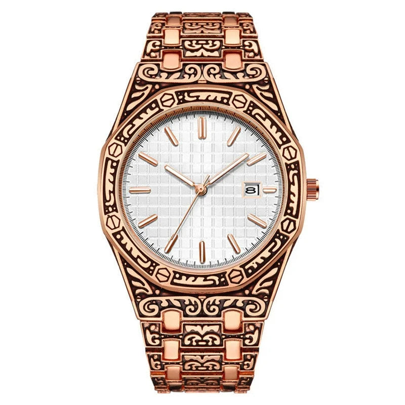 Men's Iced Out Watch – Rose Gold Crystal Diamond Black Dial
